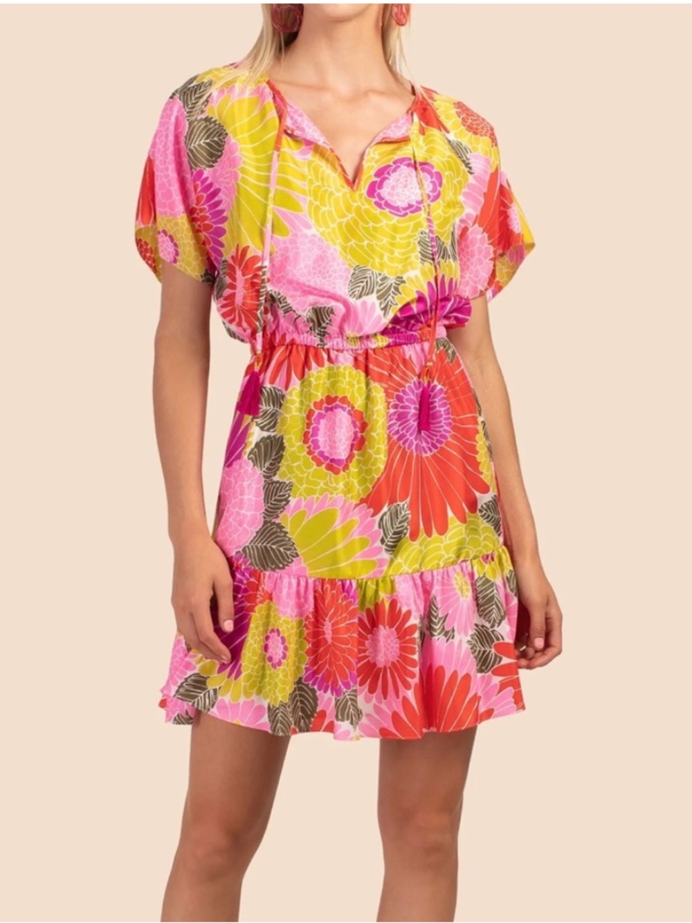 Trina Turk Mahalo Dress 100% Silk Tiered Elastic Waist - Size L